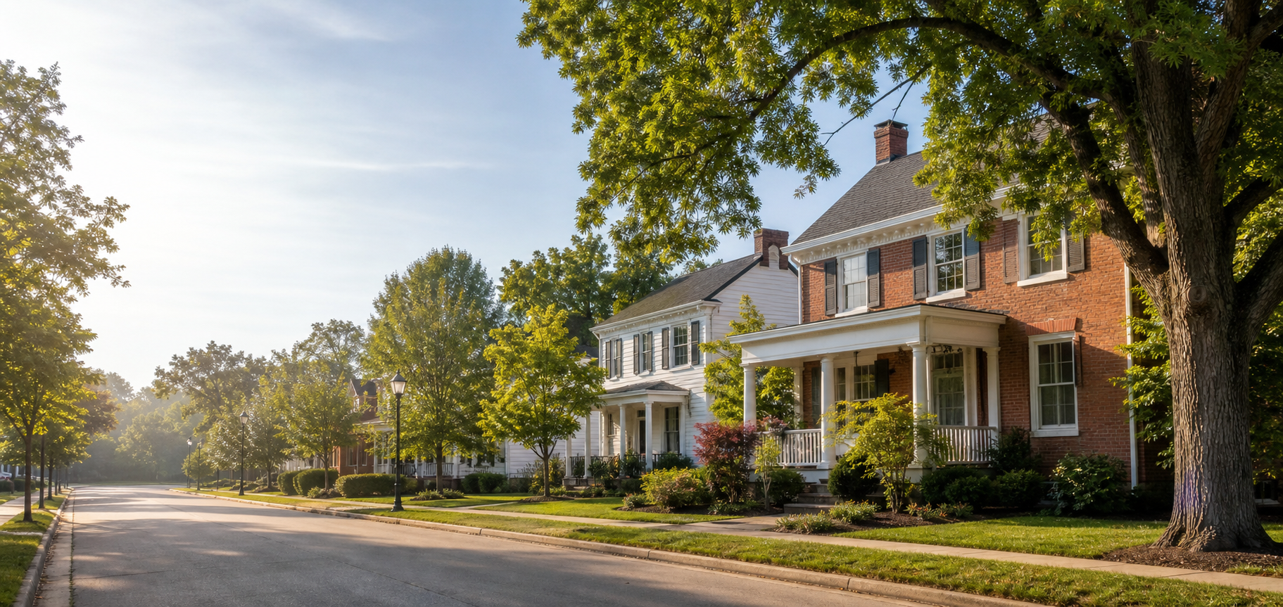 A quiet tree-lined residential street in Westerville, Ohio